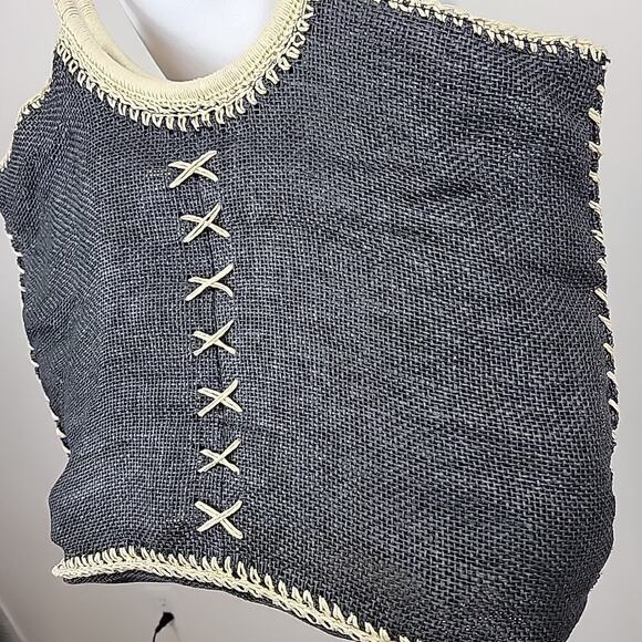 Cappelli Straworld Purse Black Lg Woven Straw Boho Hobo Coastal Resort Cruise - Picture 7 of 16